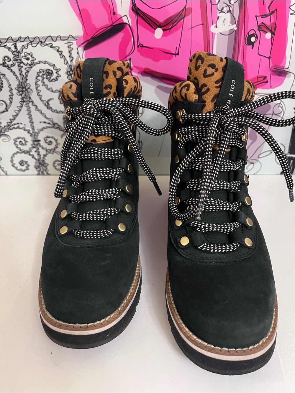 Cole Haan GrandExplore Black Suede Hiker Boots with Leopard Collar - Size    6B